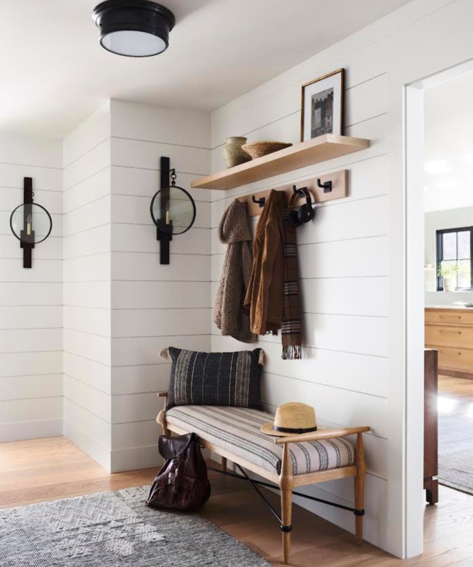 Built-in Entryway Shelving with White Vertical Paneling Backdrop