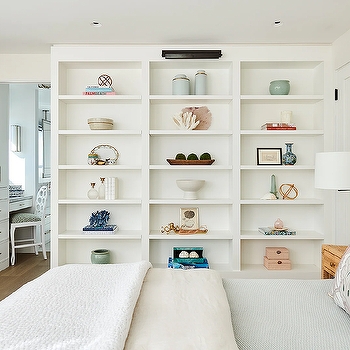 Built-In Shelving with Lit Display Shelves, Window Seat, Light Oak Finish