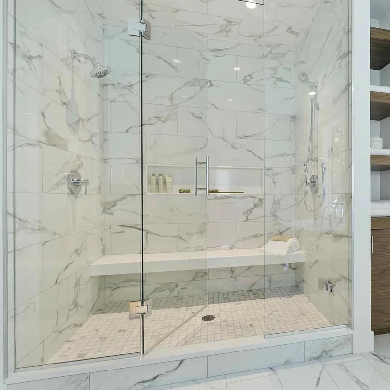 Built In Shower Bench Monolithic Marble Veining with Wall Niche