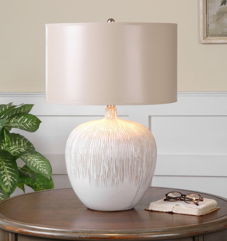Bulbous Ceramic Table Lamp with heavily Pitted Texture and Large Scale