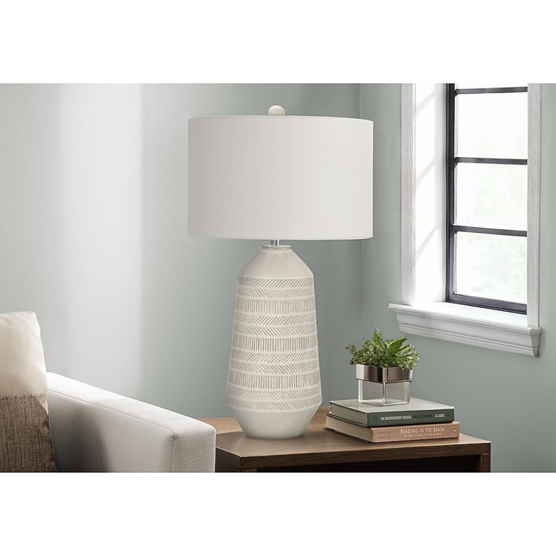 Bulbous Gourd Table Lamp, Vertical Ribbing on Ceramic Base.
