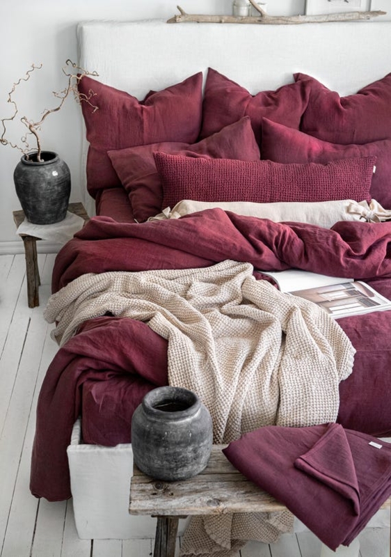 Burgundy Linen Bed Sheet Set | Rustic Bohemian Textured Red Linens