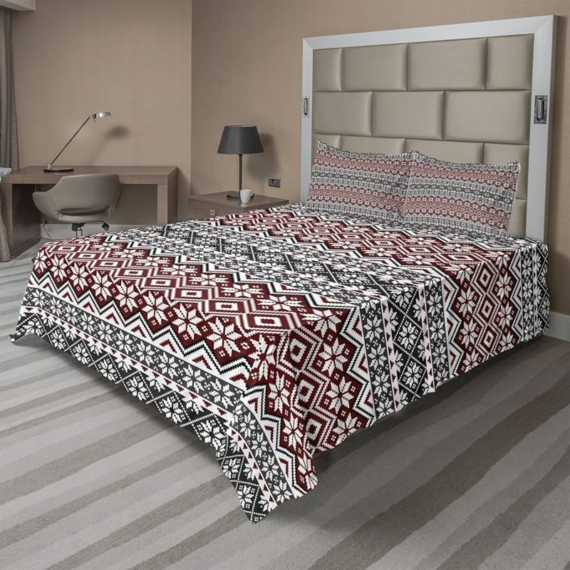 Burgundy Sheet Set Nordic Cultural Motifs Geometric Scandinavian Style