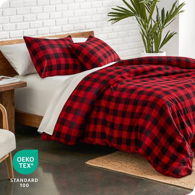 Cabin Buffalo Plaid Flannel Duvet Cover Set, Red Black