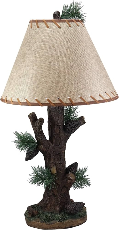 Cabin Style Table Lamp with Sculpted Bark Effect and Pinecones