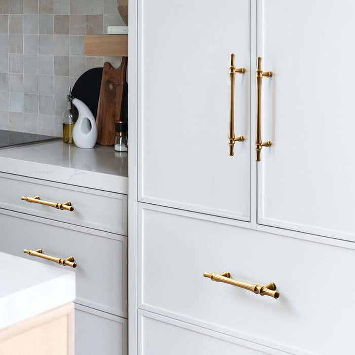 Cabinet Handle: Brushed Gold T-Bar Silhouette for Dark Green Cabinets