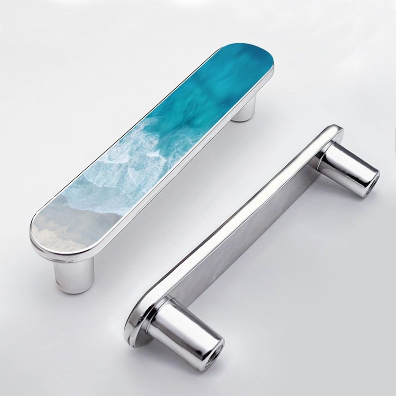 Cabinet Handle with Turquoise Marble Inlay Polished Silver
