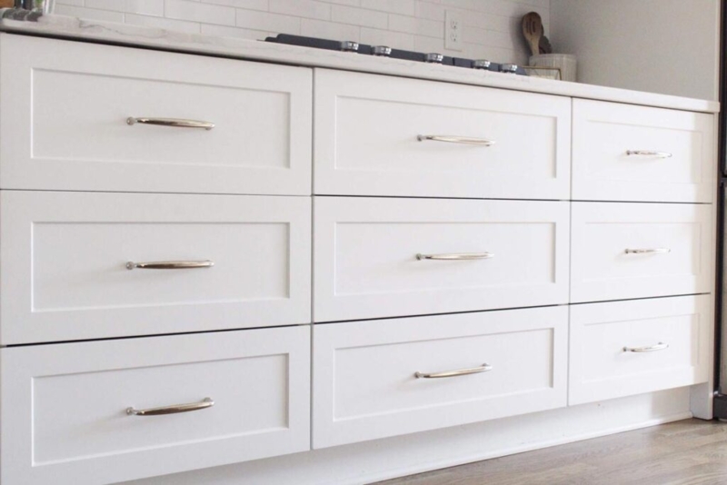 Cabinet Hardware: Polished Nickel Bin Pulls and Knobs on Shaker Cabinets