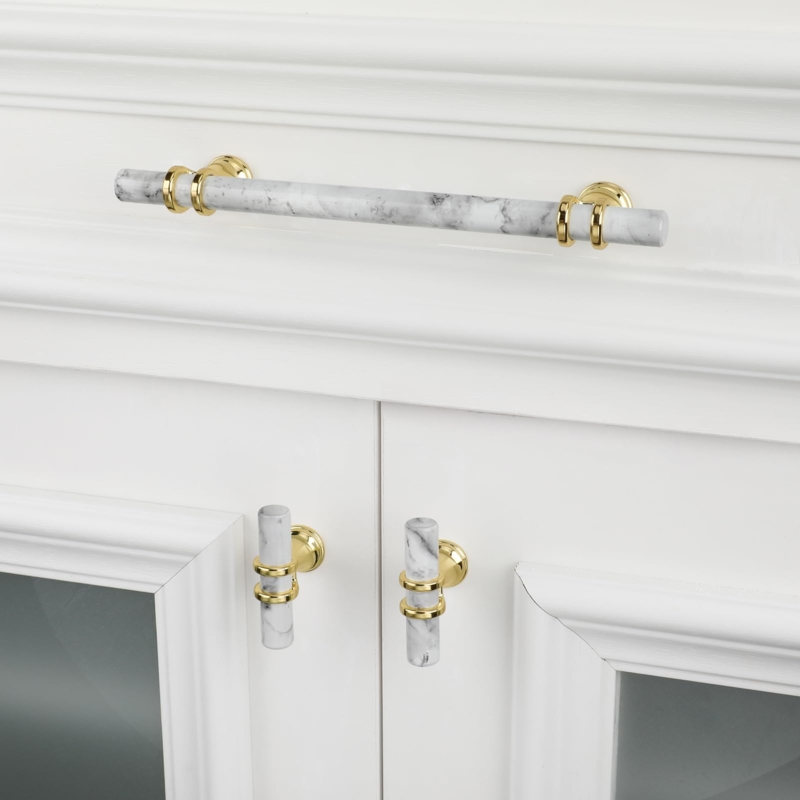 Cabinet Hardware Set: White Marble & Gold T-Bar Pulls and Knobs