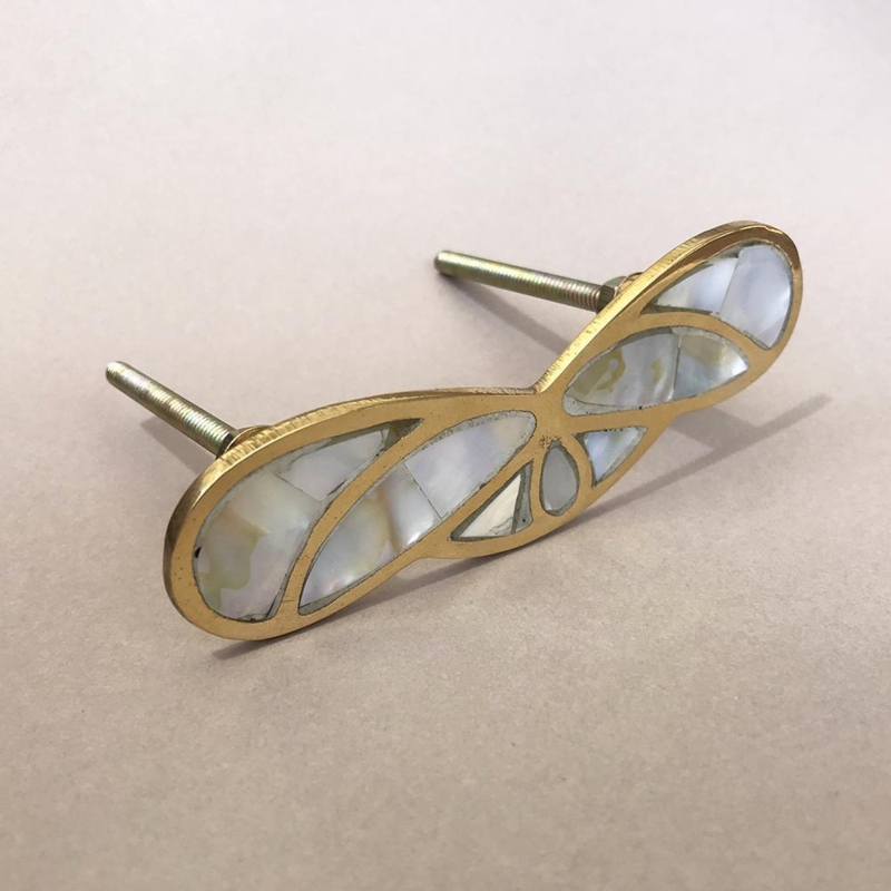 Cabinet Knob Butterfly Shape Shell Inlay Gold Toned Coastal Drawer Knobs