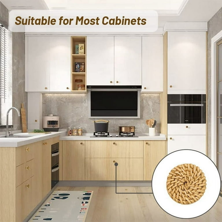 Cabinet Knob: Circular Shape, Woven Rattan Insert, Natural Wood Frame