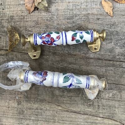 Cabinet Knob: Floral Ceramic Face, Scalloped Brass Backplate, Boho Style