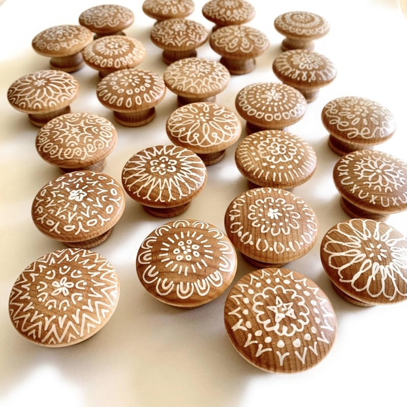Cabinet Knob: Mandala Pattern, Etched Face, Wood Toned, Boho Style