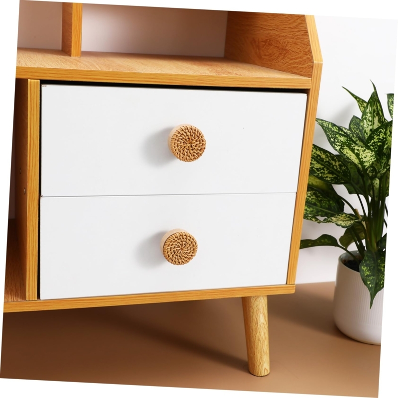 Cabinet Knob Natural Wood Woven Rattan Insert Boho Hardware