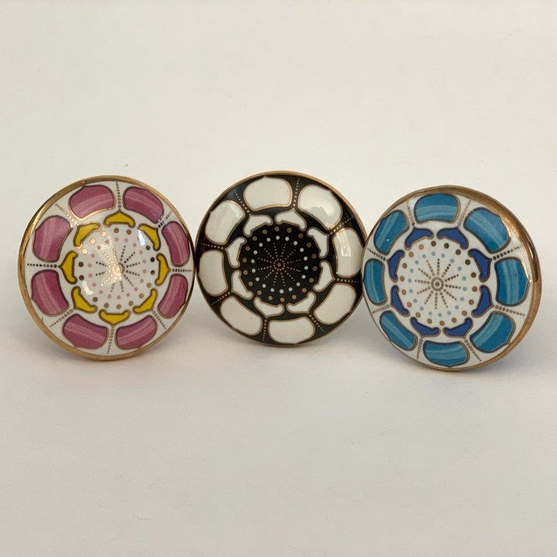 Cabinet Knob: Radial Etching, Lotus Design, Wood Toned, Bohemian Style