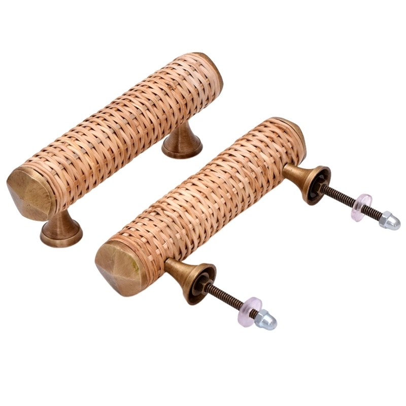 Cabinet Knob Wood And Brass Combination Rattan Insert Boho Knobs