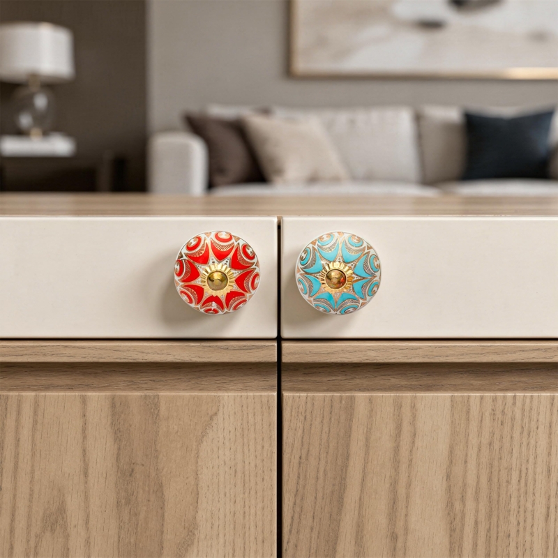 Cabinet Knobs Boho Motifs Hand Painted Ceramic Eclectic Vintage Pulls
