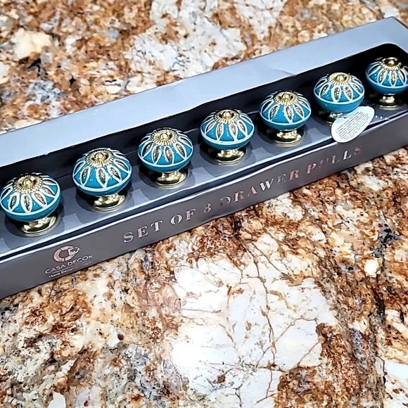 Cabinet Knobs: Turquoise Ceramic Raised Medallion Gold Accent Set