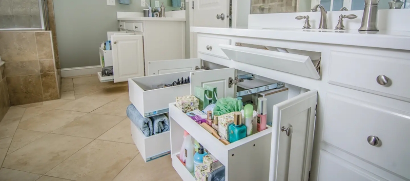 Cabinet Organizer Tiered Pull Out Wood Shelves with Hair Tool Holster