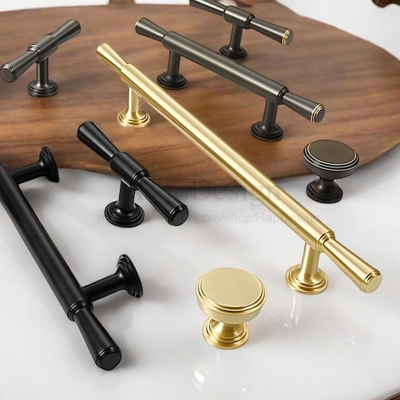 Cabinet Pull Aged Brass Stepped Detail Mid-Century Modern Retro