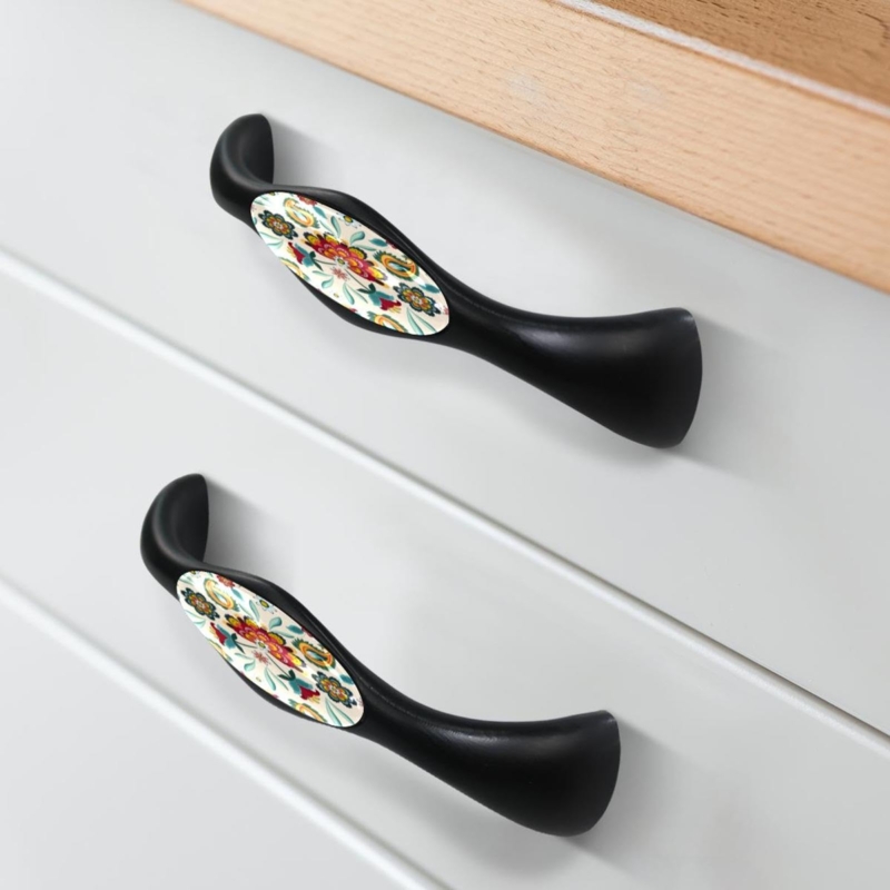 Cabinet Pull: Arched Handle, Boho Floral Print, Matte Black Finish