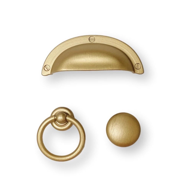 Cabinet Pull: Circular Brushed Gold Cup Design with Concave Grip