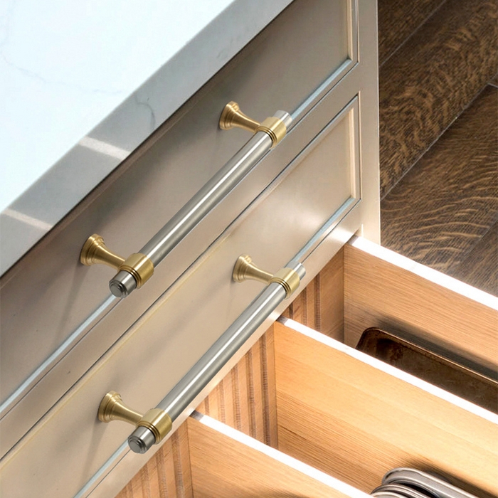 Cabinet Pull: Contemporary Brass Drawer Handles, Leather Wrapped Grip.