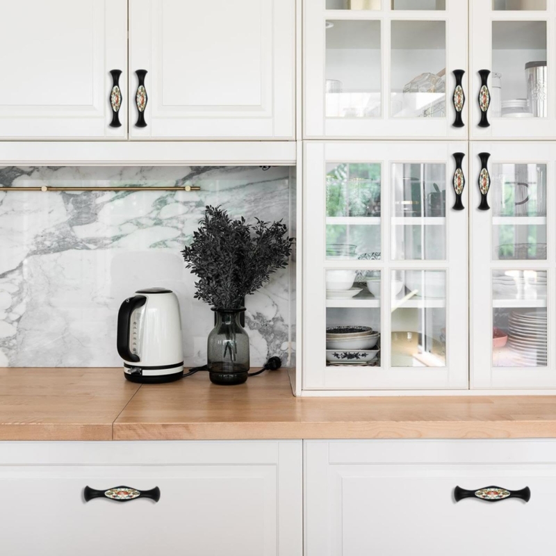 Cabinet Pull: Floral Ceramic Inlay, Arched Silhouette, Matte Black Frame
