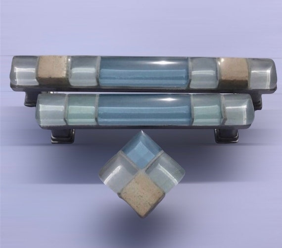 Cabinet Pull Glass Mosaic Inlay Coastal Blue Tones Rectangular Glossy