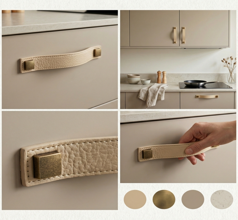 Cabinet Pull: Leather Like Material with Visible Stitching Detail