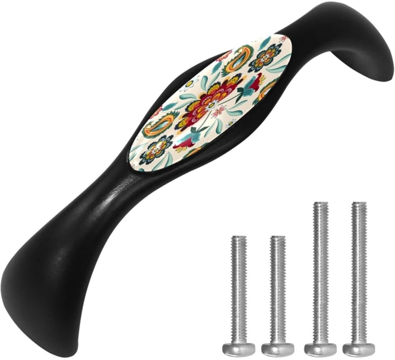 Cabinet Pull Matte Black Arch Ethnic Floral Inserts Bohemian Hardware