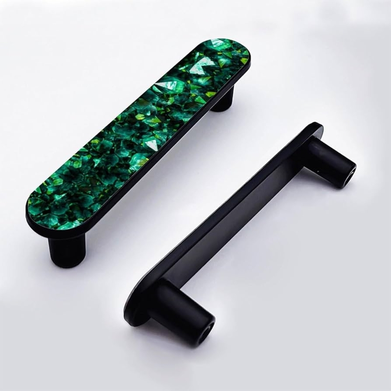 Cabinet Pull Matte Black Emerald Green Stone Inlay Glam