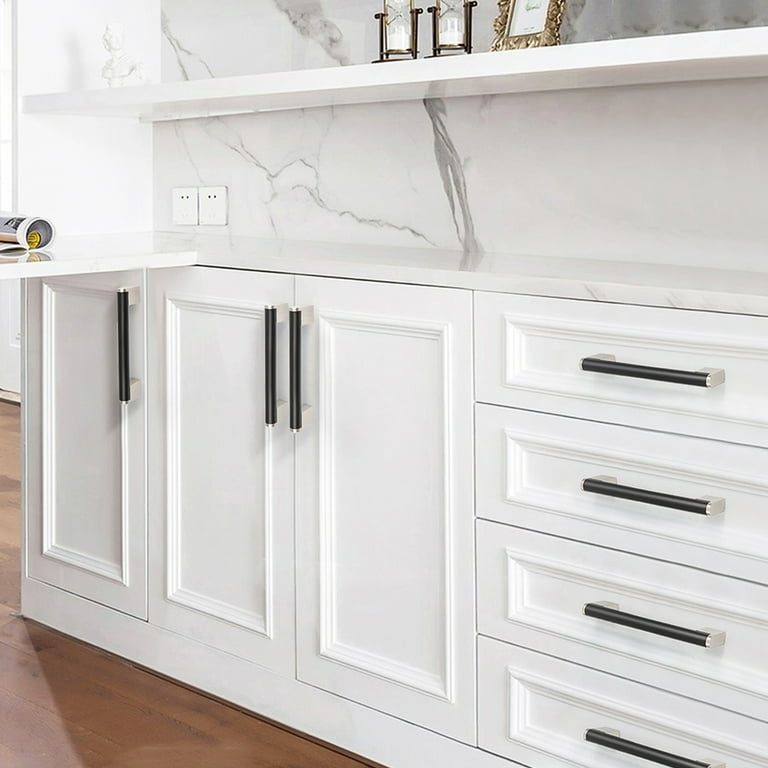 Cabinet Pull Matte Black Rectangular Bar Handles on Light Gray Drawers