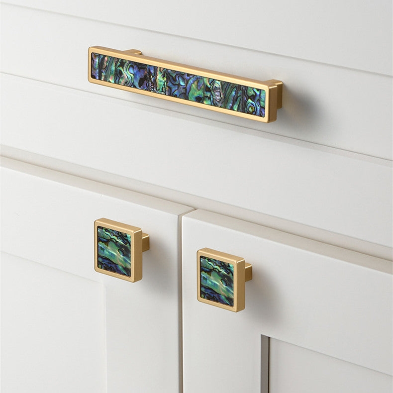 Cabinet Pull Polished Brass Iridescent Inlay Luxury Glam