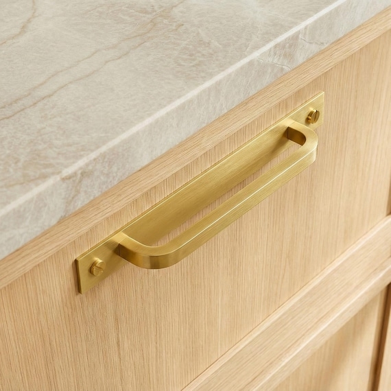Cabinet Pull Satin Metallic Mid Century Modern Bar Handle Backplate