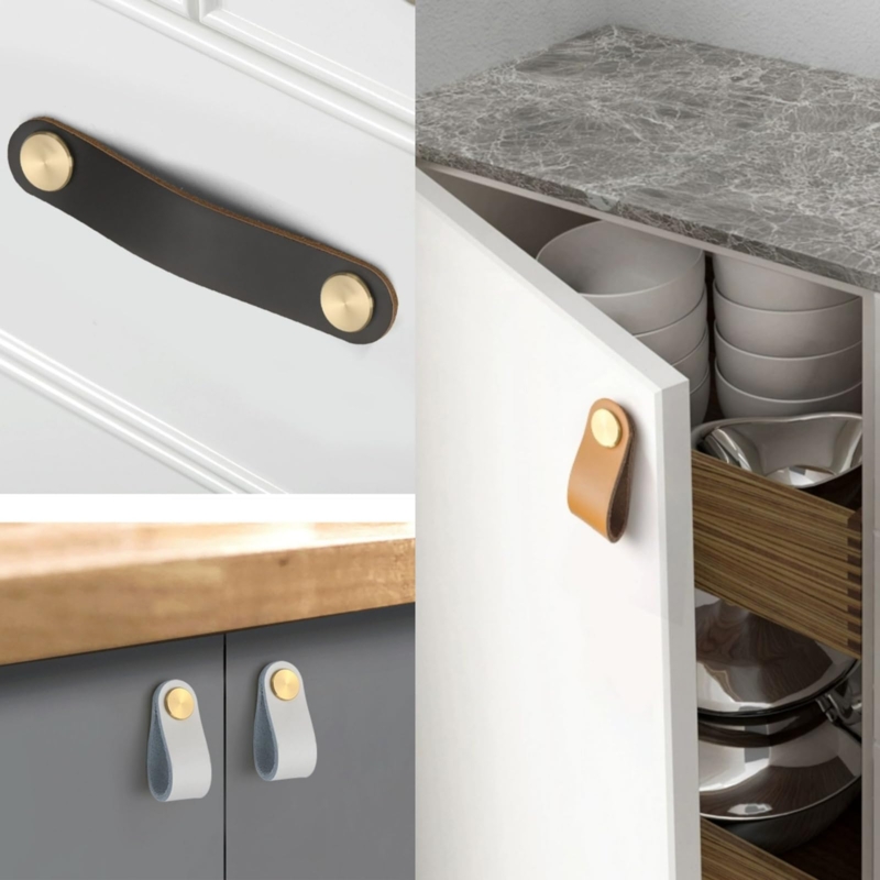 Cabinet Pull: Scandinavian Leather Strap Design with Beige Stitching