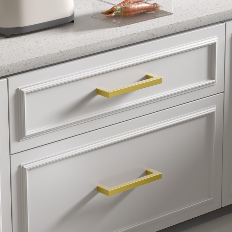 Cabinet Pull Slim Cylindrical Bar Brushed Gold on Navy Blue Kitchen