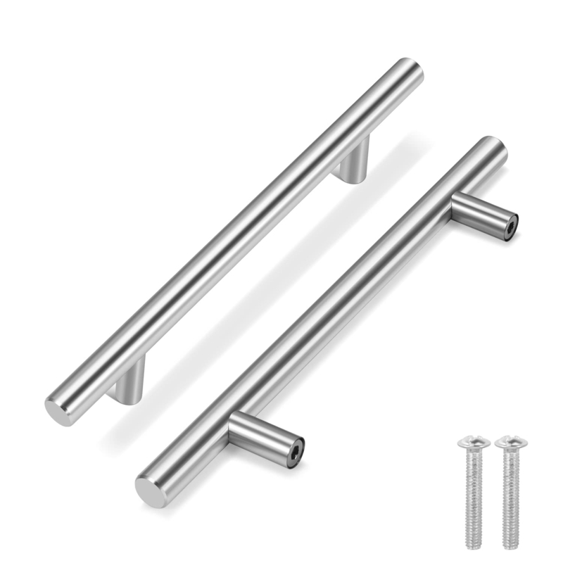 Cabinet Pull, T-Bar Silhouette, Brushed Silver, Cylindrical Handle