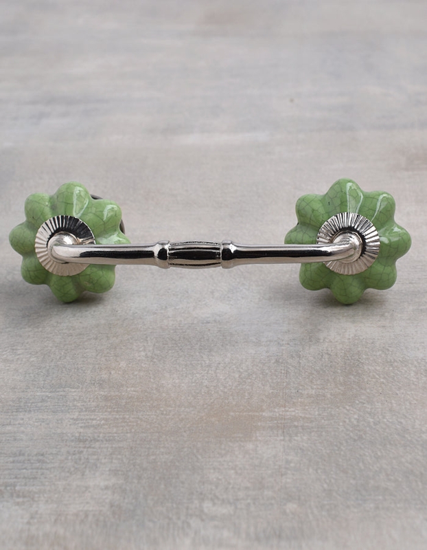Cabinet Pull Vintage Mint Green Ceramic Cracked Glaze Silver