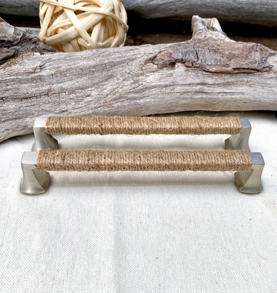 Cabinet Pull Woven Rope with Metal End Caps Nautical Silver