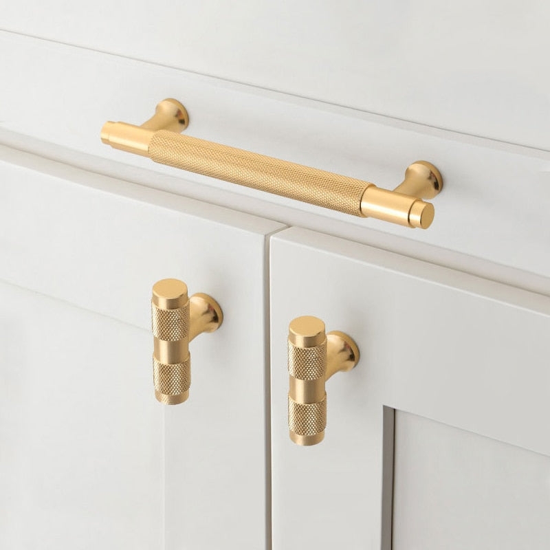 Cabinet Pulls: Geometric Brushed Finish Knurled Texture with T-Bar Handle