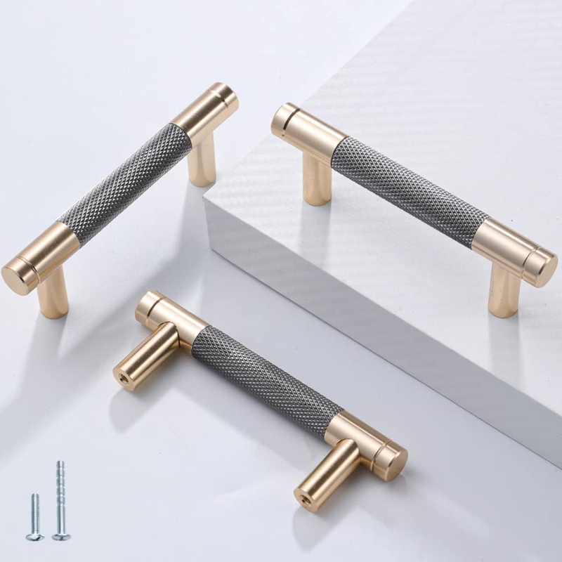 Cabinet Pulls Knurled Texture Two Tone Gold Grey Industrial Hardware