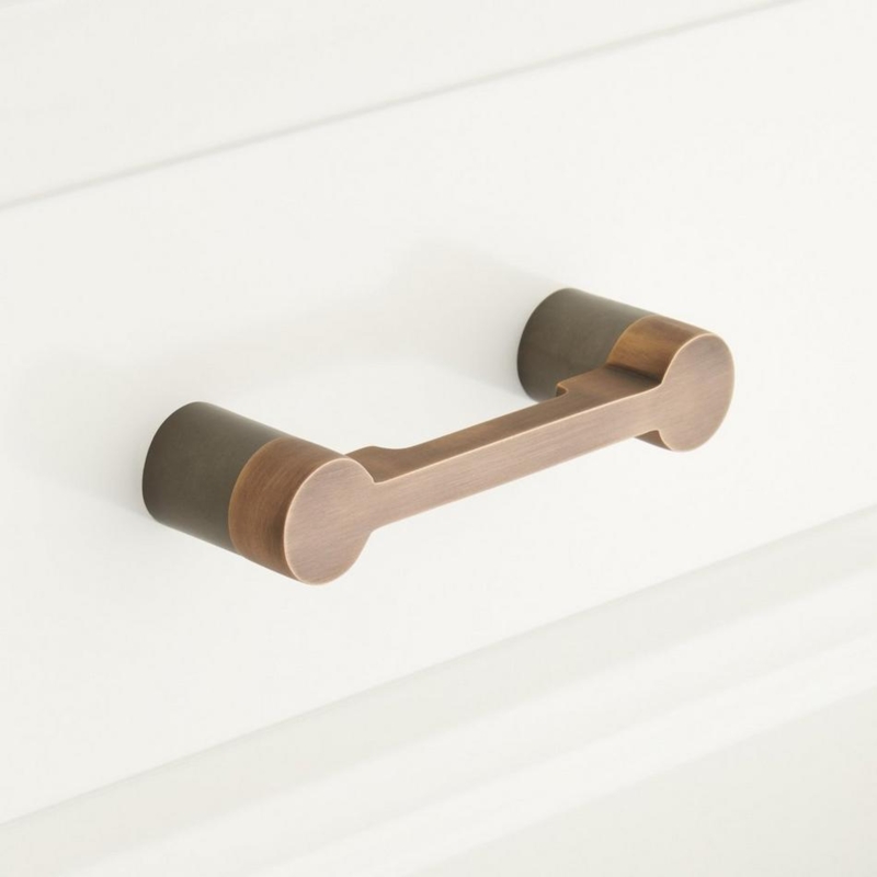 Cabinet Pulls: Knurled Two-Tone Gunmetal and Brass Handles, Teal Cabinetry