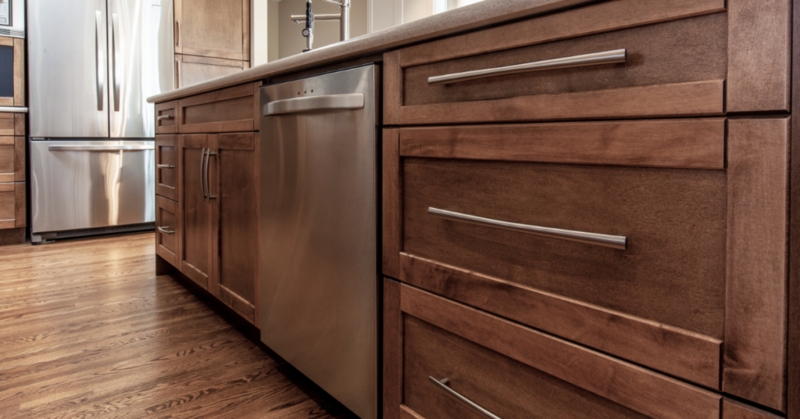 Cabinet Pulls: Long Brushed Nickel Bars on Shaker Drawers