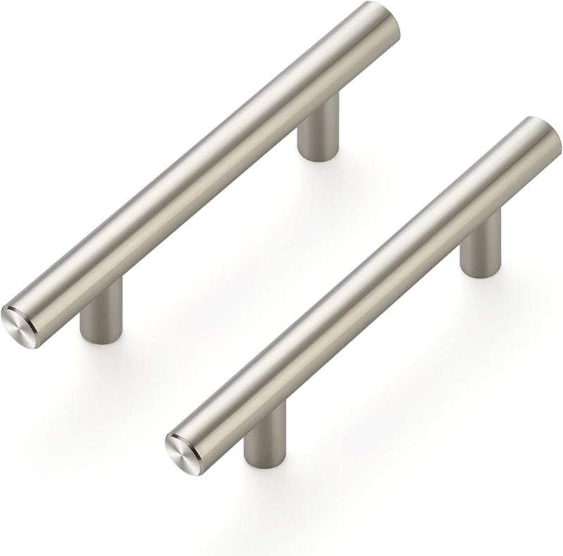 Cabinet Pulls: Sleek Brushed Nickel T-Bar Handles on Dark Textured Wood