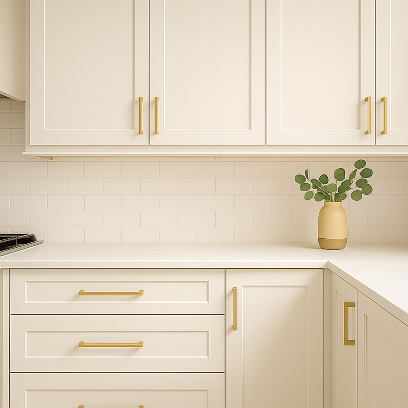 Cabinet Pulls Slim Brushed Gold on Cream Shaker Cabinets