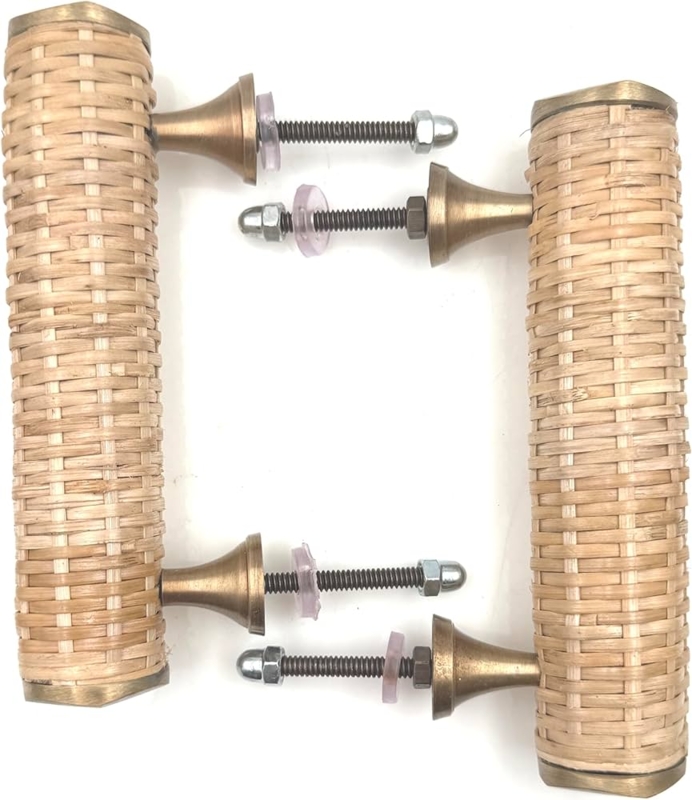 Cabinet Pulls: T-Bar Design, Rattan Wrapped Bar, Brass Capped Ends