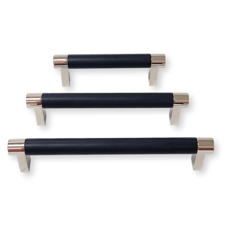 Cabinet Pulls: Two-Tone Polished Chrome and Black Knurled U-Shaped Bar