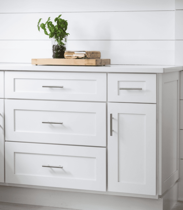 Cabinetry Shaker Style Brushed Gold Hardware Wood Countertop Coastal