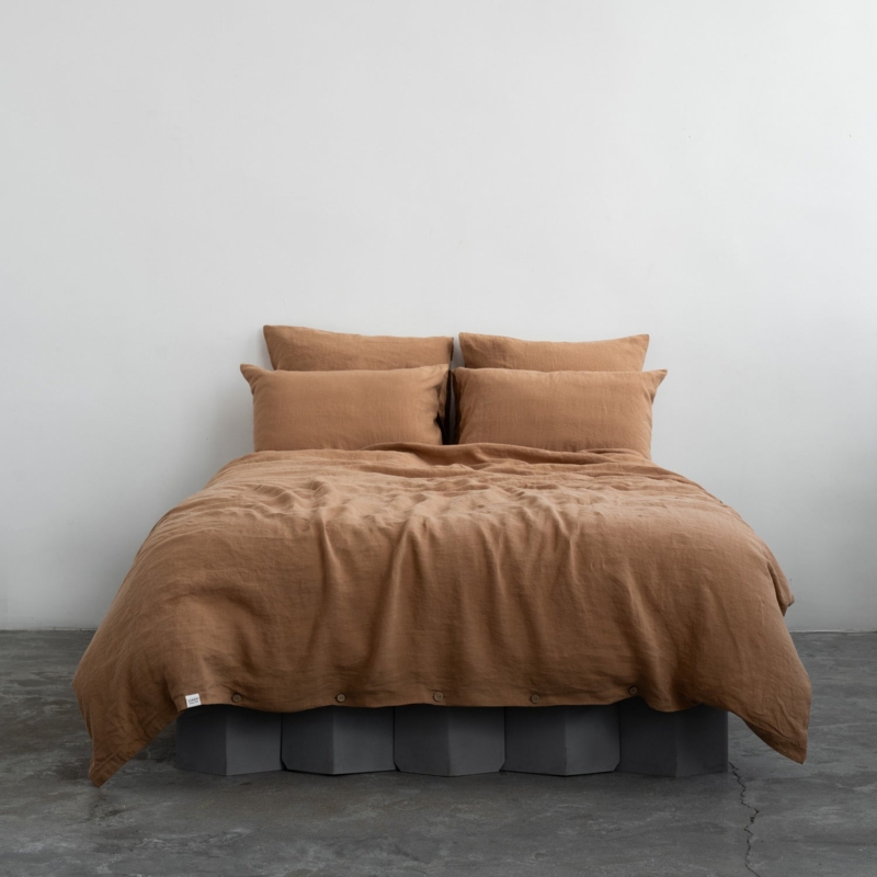 Camel Washed Linen Duvet Set, Warm Minimalist Scandinavian Styling
